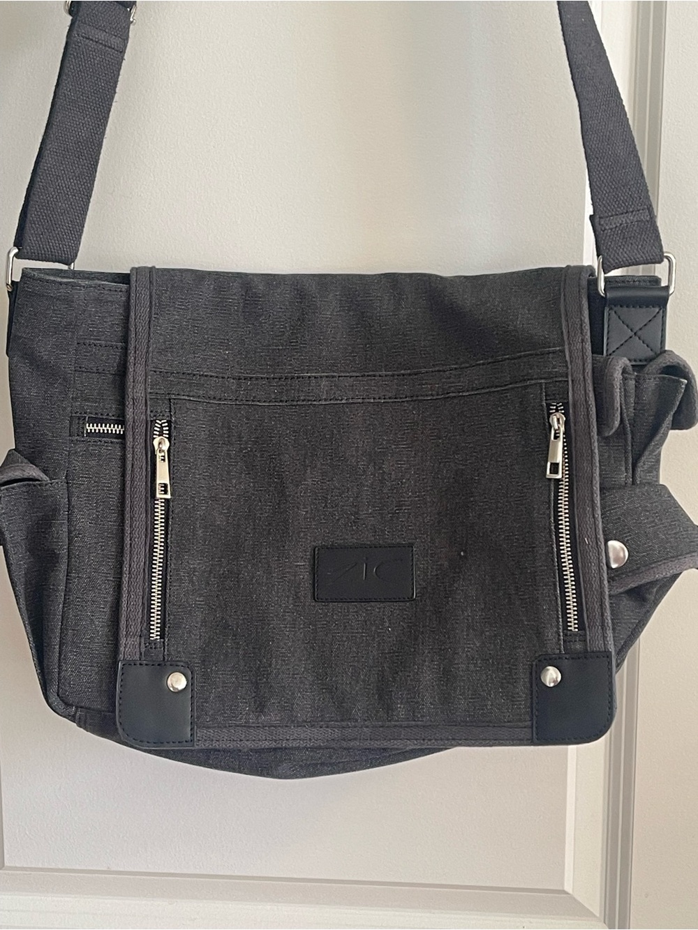 Men's Black Canvas Messenger Bag with Zipper Pockets